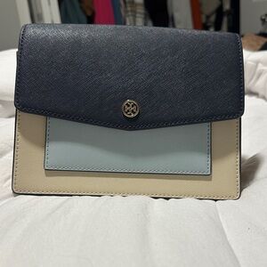 Tory Burch Navy, Light Blue, and Cream Clutch